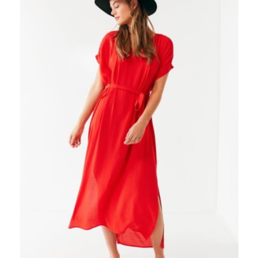 UO orange/red belted midi dress